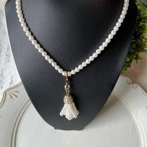 Faux pearl tassel charm necklace 20”